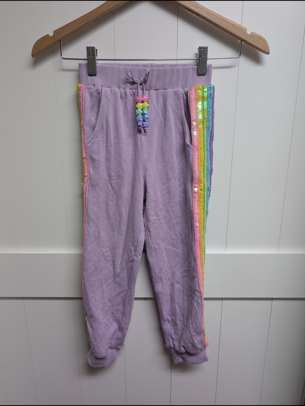 Lola + The Boys Lavender Joggers with Rainbow Sequin Side Trim, sz 5